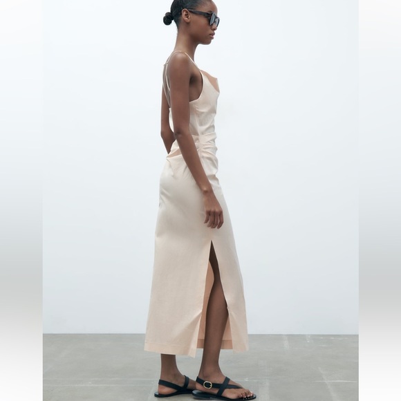 Zara DRAPED MIDI DRESS. Ecru. Size XS. NWT. - Picture 3 of 9